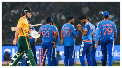 India&#039;s players celebrate the wicket of South Africa&#039;s Dewald Brevis in Cuttack on Tuesday.