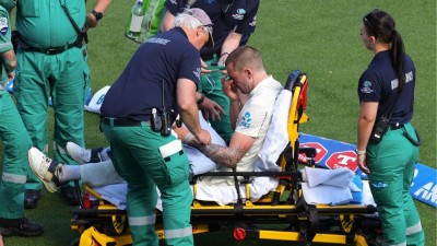 Blair Tickner stretchered off after a shoulder injury in the second Test between New Zealand and the West Indies.