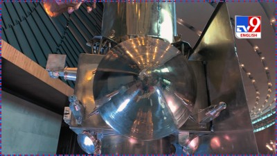 The returner module on a model of the Chandrayaan 4 lander displayed at Bharat Mandapam during the Second National Space Day Celebrations in New Delhi. 