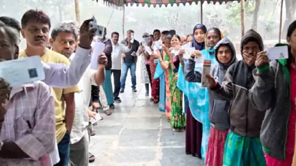 Voting at a polling centre in Khammam district, Telangana