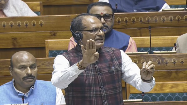 Shivraj Singh was raising key issues related to farmers when an MP was spotted chewing khaini. (Sansad TV via PTI Photo)