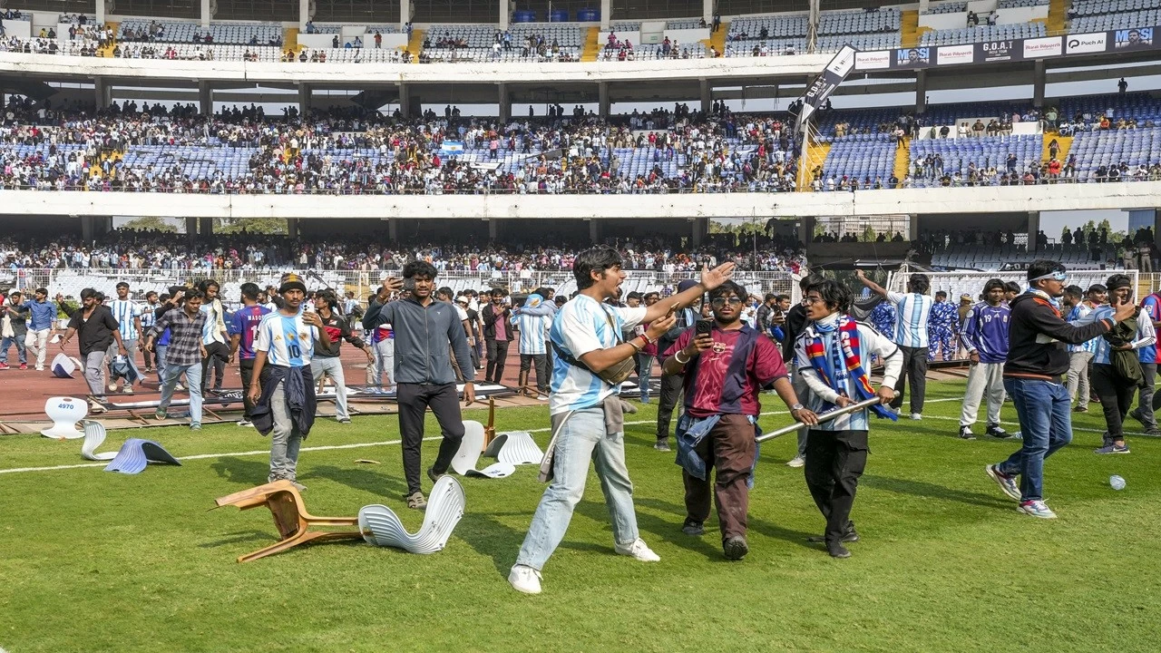 People amid chaos during an event of Argentine footballer Lionel Messi as part of his &#039;GOAT India Tour 2025&#039;, at Vivekananda Yuba Bharati Krirangan (VYBK) in Kolkata on Saturday