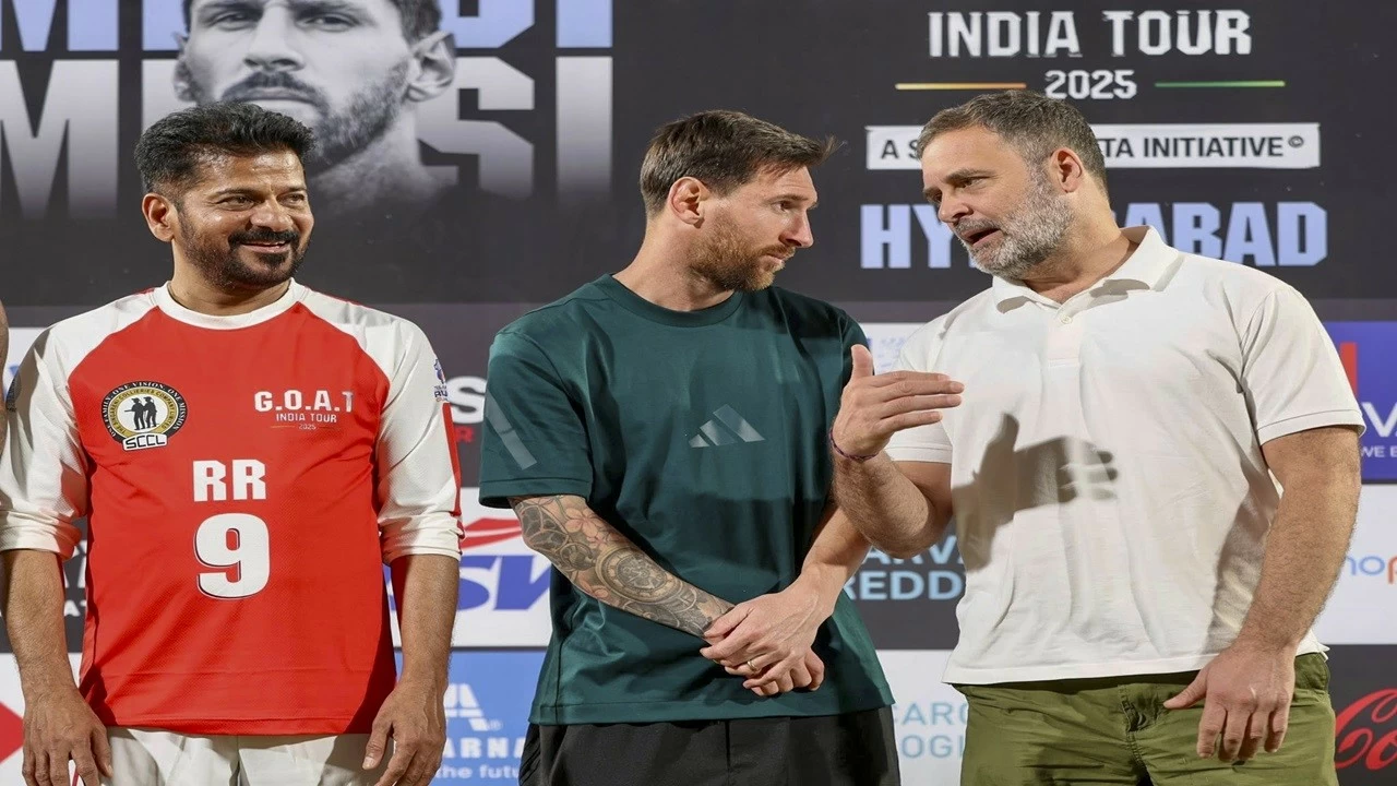 Rahul Gandhi, Telangana CM Revanth Reddy with Argentine footballer Lionel Messi during an event in Hyderabad on Saturday.