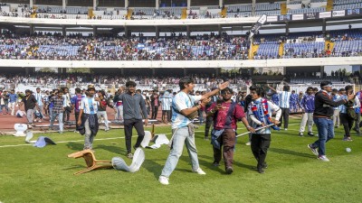People amid chaos during an event of Argentine footballer Lionel Messi as part of his &#039;GOAT India Tour 2025&#039;, at Vivekananda Yuba Bharati Krirangan (VYBK) in Kolkata on Saturday