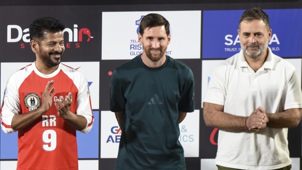 Lionel Messi with Telangana CM Revanth Reddy and Congress leader Rahul Gandhi in Hyderabad.