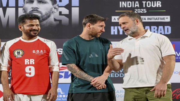 Rahul Gandhi, Telangana CM Revanth Reddy with Argentine footballer Lionel Messi during an event in Hyderabad on Saturday.
