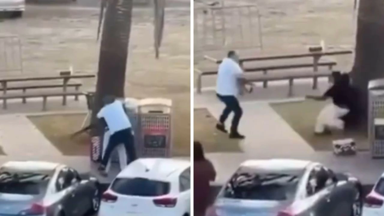 The footage shows the bystander seizing the gunman by the neck, disarming him and forcing him to the ground while pointing the rifle back at him