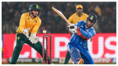 Tilak Varma plays a shot during the first T20I between India and South Africa in Cuttack on Tuesday.