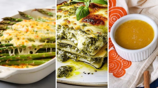 Christmas lunch menu ideas that feel indulgent: Cheesy baked asparagus, pesto lasagna, butternut squash custard (Picture credit: Pinterest)