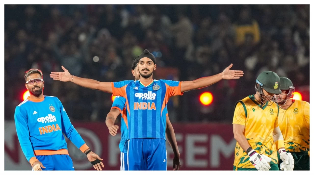 Arshdeep Singh, front centre, celebrates in Dharamshala on Sunday.