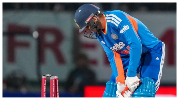 Shubman Gill being bowled during the third T20I between India and South Africa in Dharamshala on Dec. 14.