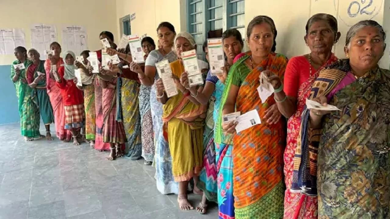 Women voters queue up at polling station for Telangana gram panchayat elections