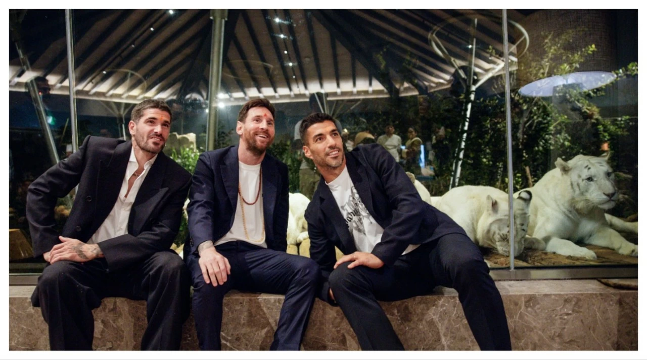 Lionel Messi (centre), Rodrigo De Paul (left) and Luis Suarez in Jamnagar on Tuesday.