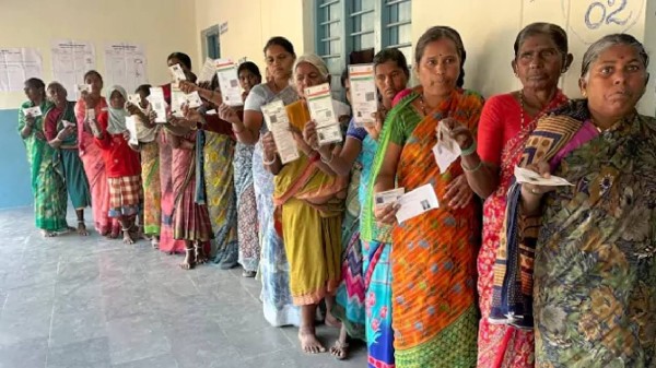 Women voters queue up at polling station for Telangana gram panchayat elections