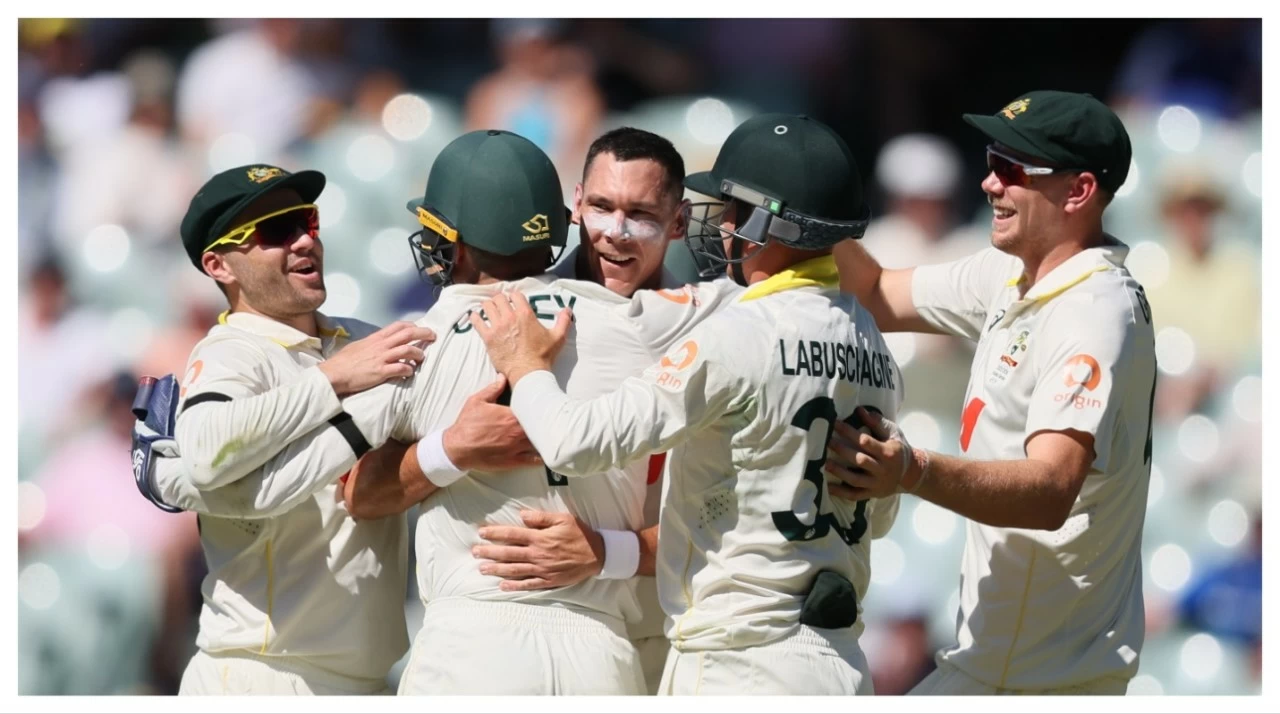 Australia's Scott Boland, centre, celebrates the wicket of England's Will Jacks with his teammates in Adelaide on Thursday.
