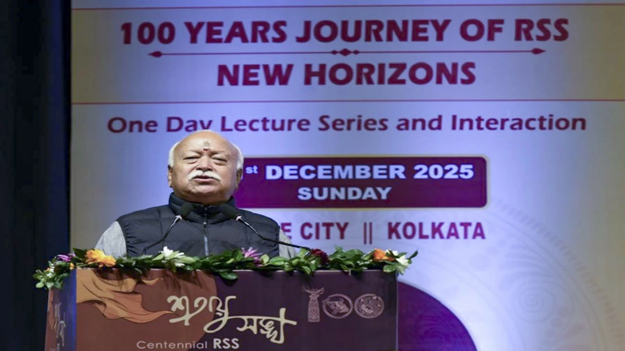 RSS chief Mohan Bhagwat addresses an event marking the centenary celebrations of the RSS in Kolkata on Sunday. 
