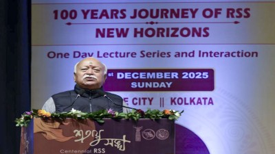 RSS chief Mohan Bhagwat addresses an event marking the centenary celebrations of the RSS in Kolkata on Sunday. 