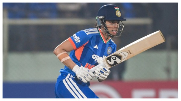 Smriti Mandhana plays a shot in Visakhapatnam on Sunday.