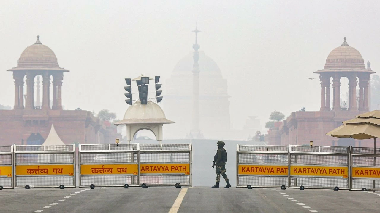 The Rashtrapati Bhavan is barely visible amid low air quality on a winter morning in New Delhi on Sunday