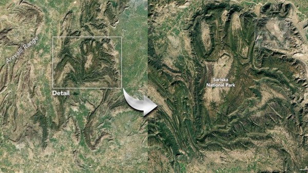 NASA Landsat imagery shows the Aravalli Range between Jaipur and Alwar like tiger scratch marks
