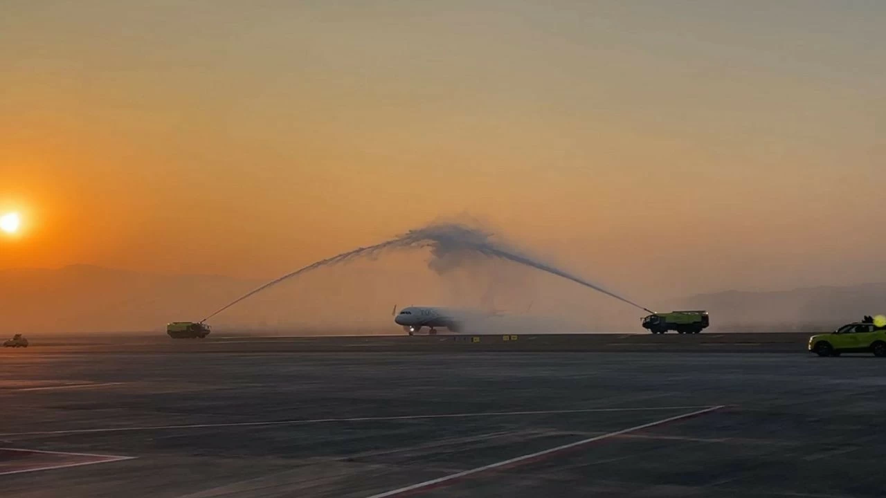 The first flight that landed at the Navi Mumbai International airport was welcomed with water canons 