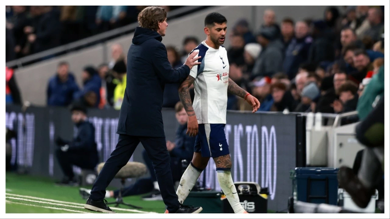 Cristian Romero of Tottenham Hotspur after being shown a red card during the EPL match against Liverpool in London.