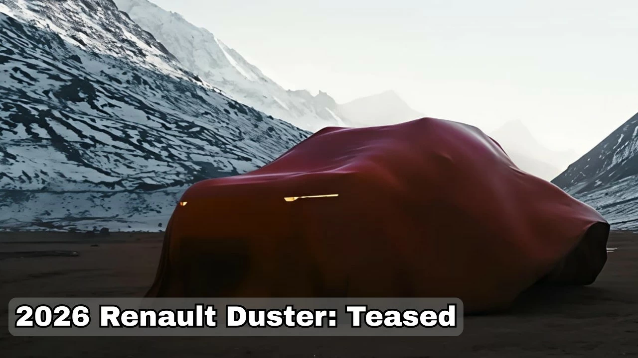Teaser image of the 2026 Renault Duster showing the new Y-shaped LED DRLs and wider front grille ahead of its India debut.