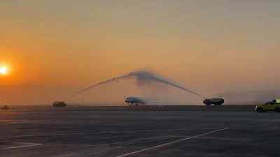 The first flight that landed at the Navi Mumbai International airport was welcomed with water canons 