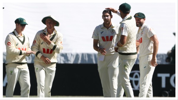 Australia's Scott Boland, third right,celebrates England's Jamie Smith's wicket during their Ashes Test match in Melbourne on Friday.