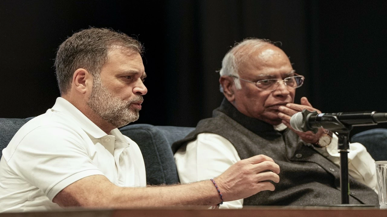 Congress President Mallikarjun Kharge (right)mand party leader Rahul Gandhi during a press conference after the Congress Working Committee (CWC) meeting in New Delhi on  Saturday.