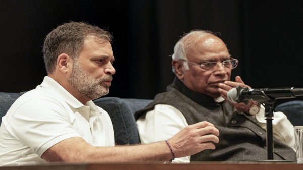 Congress President Mallikarjun Kharge (right)mand party leader Rahul Gandhi during a press conference after the Congress Working Committee (CWC) meeting in New Delhi on  Saturday.