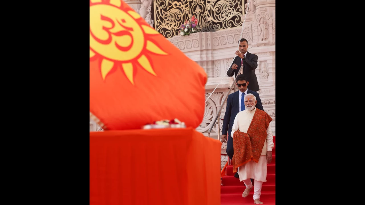 PM Modi hoisted the sacred Dharma Dhwaja on the spire of Ayodhya Ram Mandir. (Photo credit: narendramodi.in)