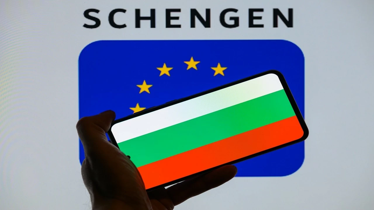 The Bulgaria flag is displayed on a mobile device with the European Union Schengen flag in this photo illustration. (Photo by Jonathan Raa/NurPhoto via Getty Images)