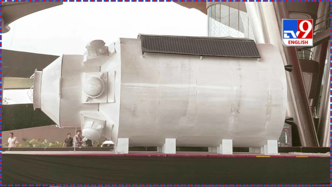 Model of the Base Module of the Bharatiya Antariksh Station on display for the second National Space Day Celebrations at Pragati Maidan in New Delhi. 