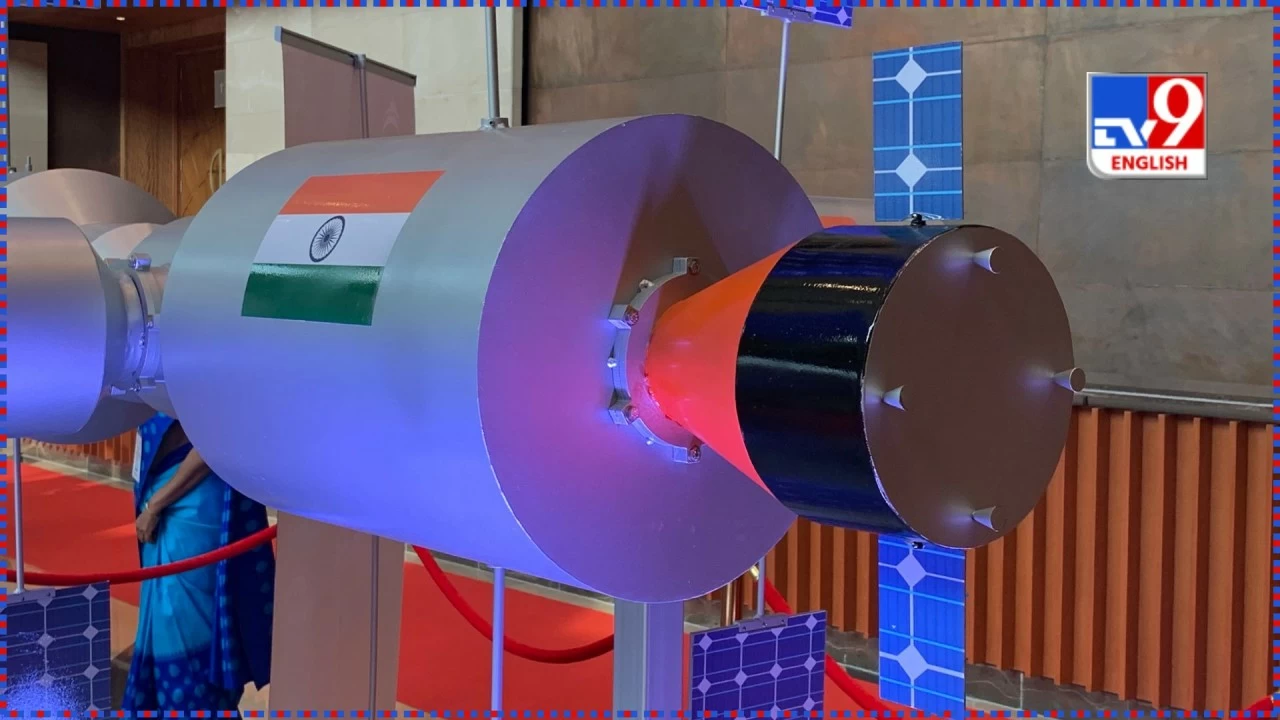 Model of the Bharatiya Anatariksh Station at Pragati Maidan in New Delhi during the Second National Space Day celebrations. 