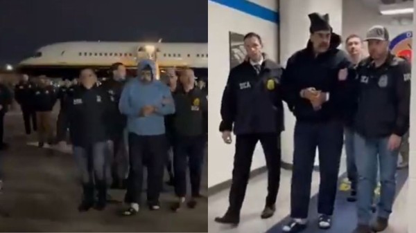 A combination of pictures shows Nicolas Maduro just after landing in US and later at the office of the US Drug Enforcement Administration