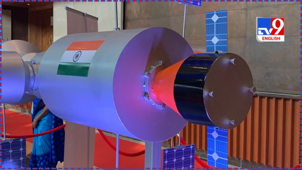 Model of the Bharatiya Anatariksh Station at Pragati Maidan in New Delhi during the Second National Space Day celebrations. 