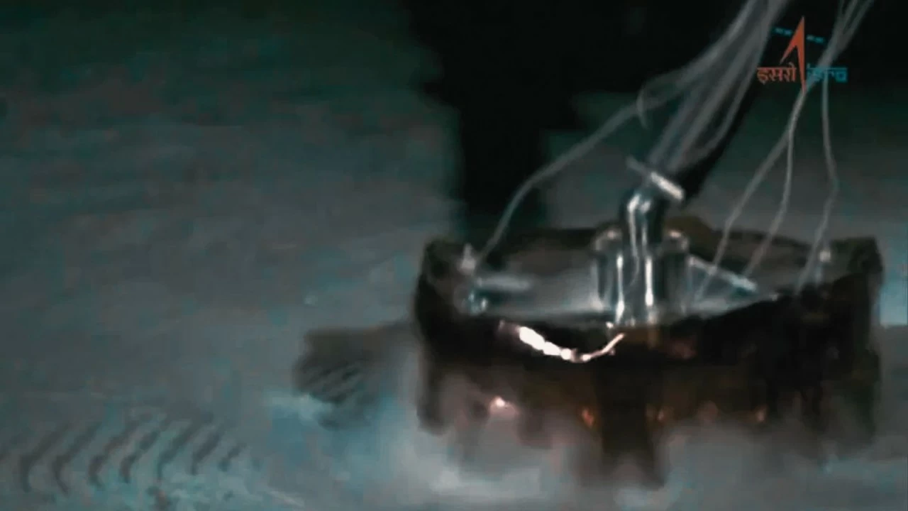 Close up of a test of the Vikram lander legs. 