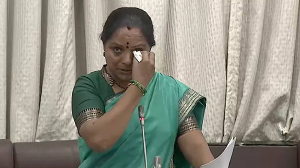 K Kavitha sheds tears in Telangana Legislative Council on January 5, 2026. 