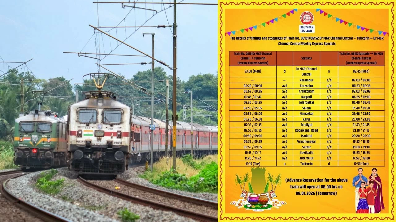 Southern Railway announced special trains between Dr MGR Chennai Central – Tuticorin – Dr MGR Chennai Central to clear extra rush of passengers during Pongal festival  