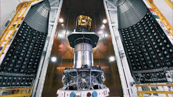 The Anvesha satellite being enclosed in the payload fairing. 