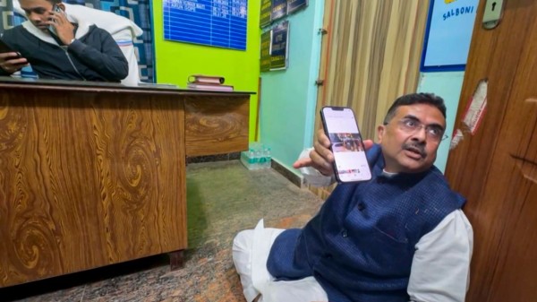Leader of Opposition in West Bengal, Suvendu Adhikari sits on a dharna inside the Chandrakona police station 