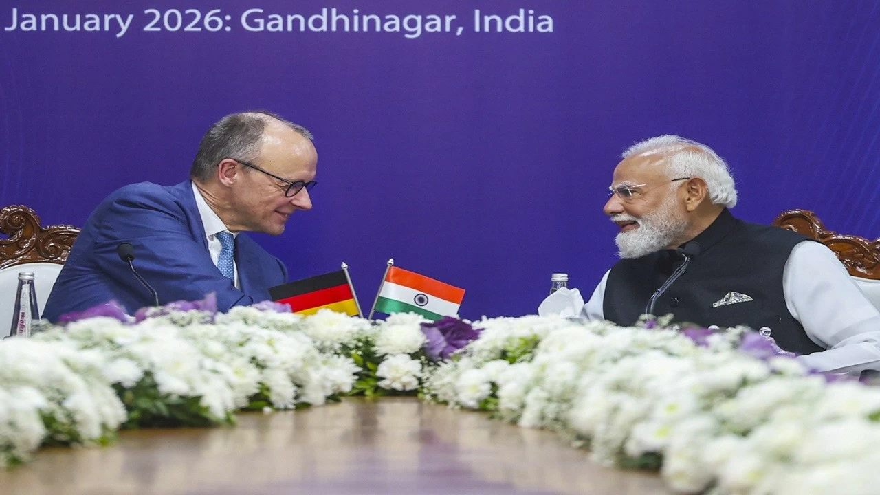 PM Narendra Modi and German Chancellor Friedrich Merz during the India-Germany CEOs Forum in Gandhinagar on Monday.