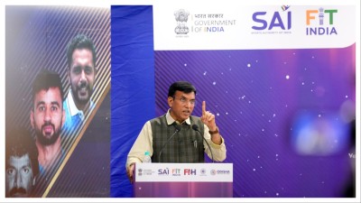 Sports minister Mansukh Mandaviya addresses a press conference in New Delhi on Monday.