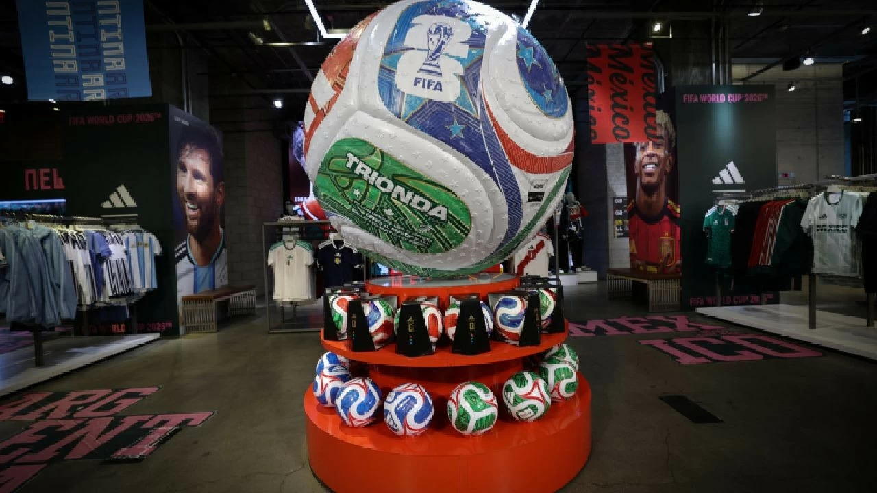 A giant model of the official Trionda match ball for 2026 FIFA World Cup is displayed inside Adidas store in Manhattan in New York City