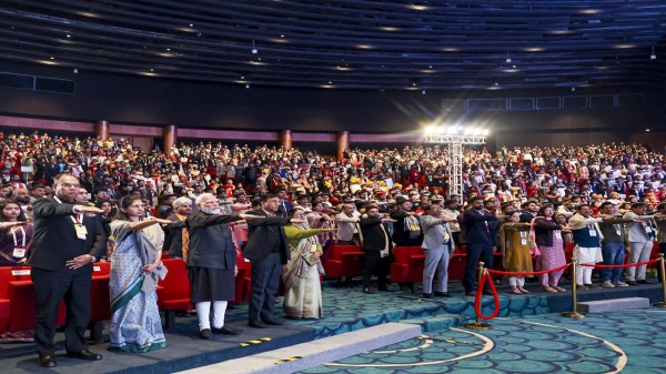 PM Narendra Modi, Union Minister of Youth Affairs and Sports Mansukh Mandaviya and others during the concluding session of Viksit Bharat Young Leaders Dialogue 2026, in New Delhi. (PMO via PTI Photo) 