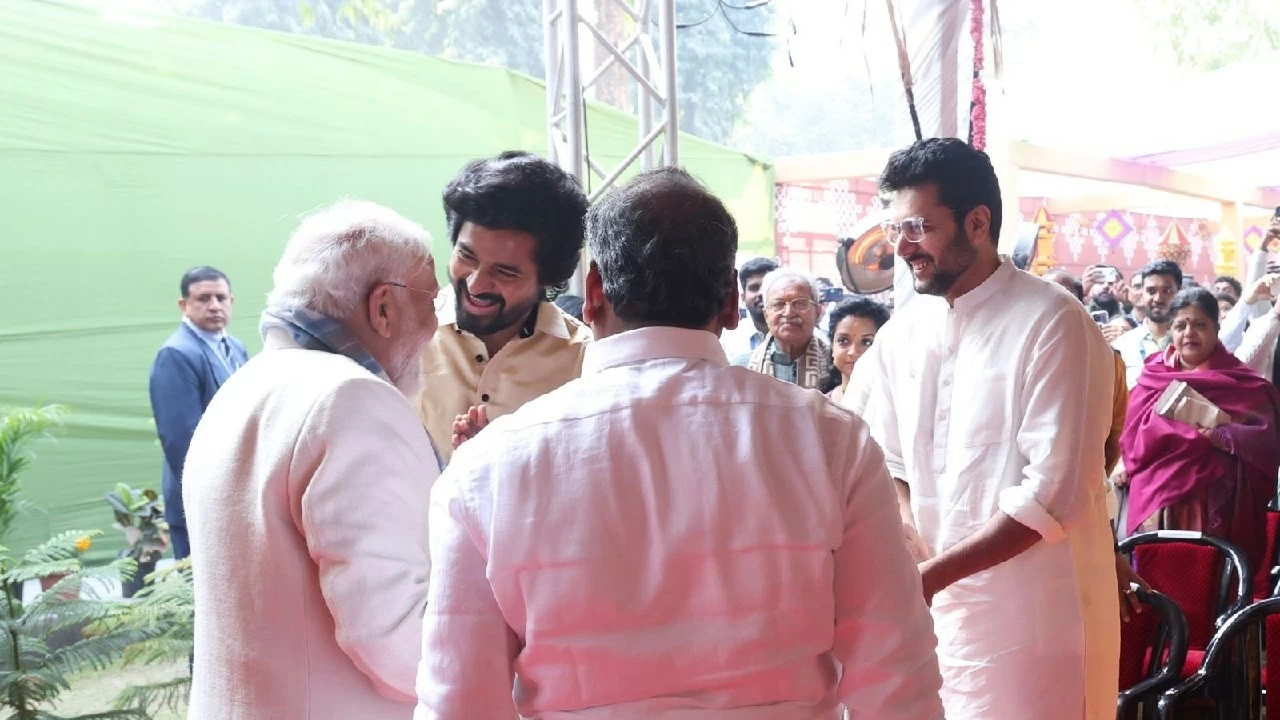 Actors Sivakarthikeyan and Ravi Mohan, the hero and villain of Parasakthi with the PM at MoS L Murugan’s Pongal celebrations.