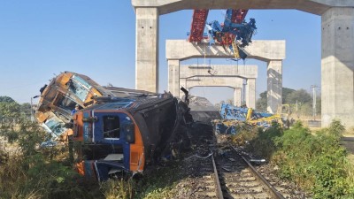  The train derailed and briefly caught fire