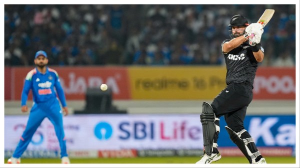 New Zealand's Daryl Mitchell plays a shot during the second ODI match between in Rajkot on Wednesday. 