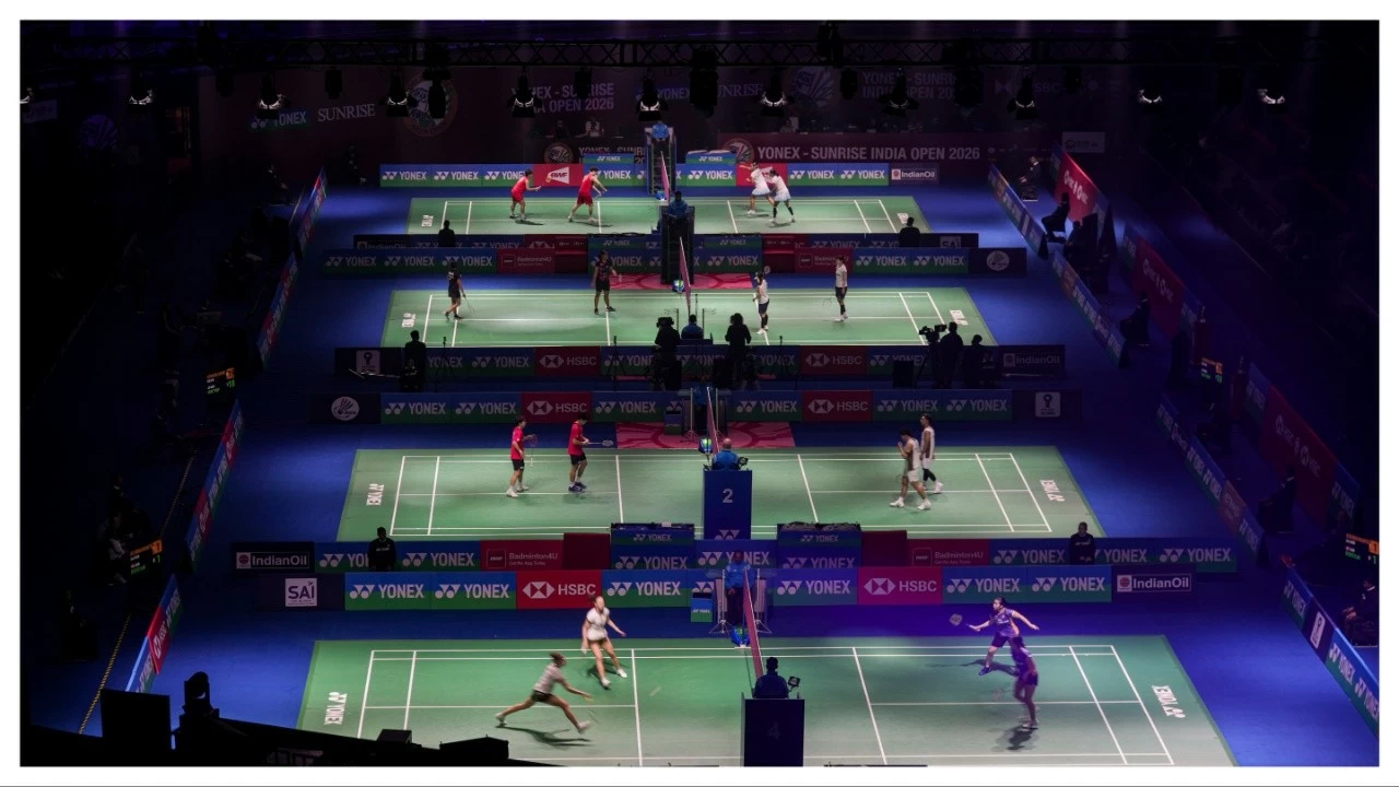 Shuttlers compete at the India Open 2026 badminton tournament at IG Stadium in New Delhi on Jan. 14. 